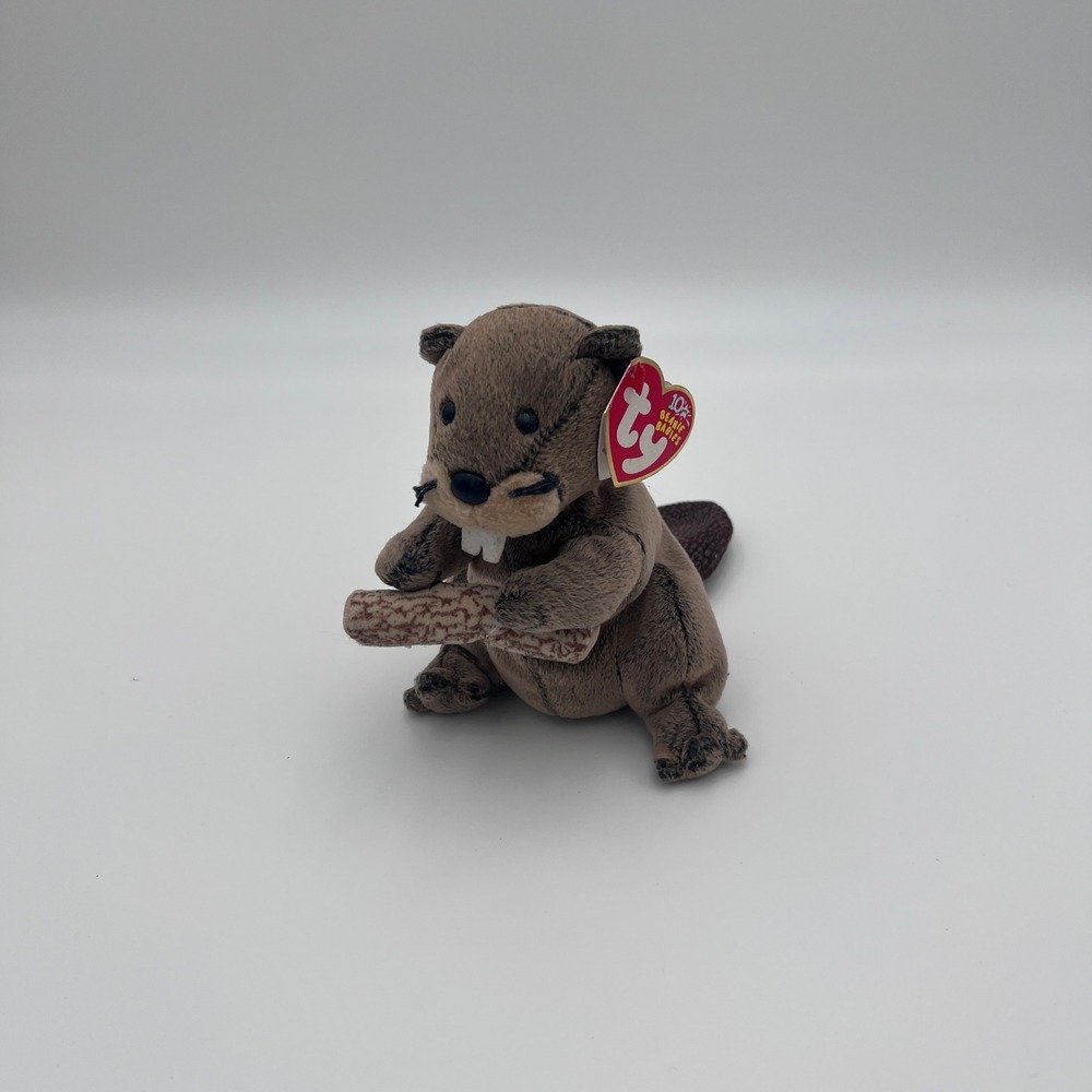 Ty Beanie Babies Bucky the Beaver Brown Plush Stuffed Animal Toy with Log 2000s
